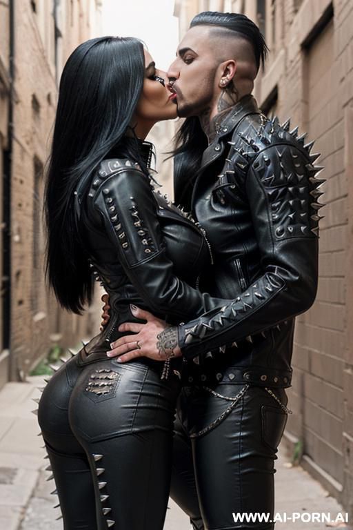 ((((arab rap milf kissing a muscular punk man on the lips)))) with ((((((gigantic tits)))))) and (((long hair))), (makeup) , (((tight spiked black leather jacket))) (((tight spiked black leather - #main