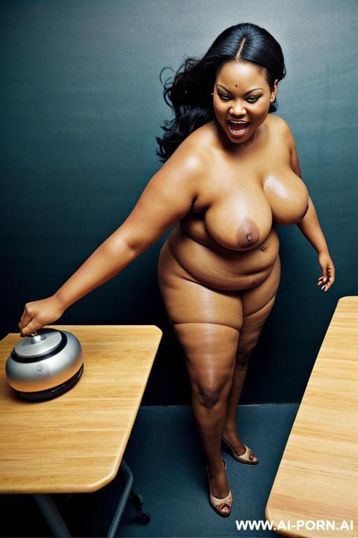 very saggy boobs, wide open mouth with stucking out tongue, (receiving water jet from above on her face), side view - #main