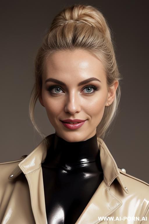 ((fashion model)), (beautiful), (quiet), (flirty smirk), (mountain), (fir forest), (latex coat), (cleavage), (long voluminous hair), (black eyes), (light tan) - #main