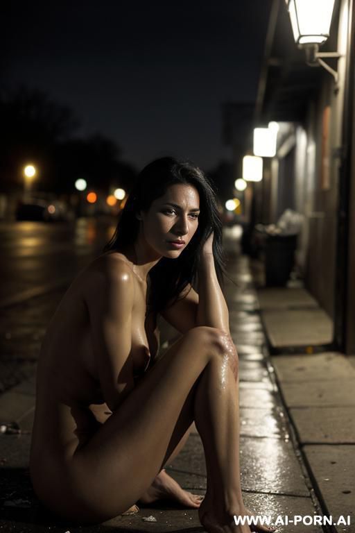 a beautiful woman in her mid-20s, sitting alone on a cold, cracked sidewalk at night, under a dim streetlight. she is nearly unclothed, wearing only torn, mal clog, portraying the impact of - #main
