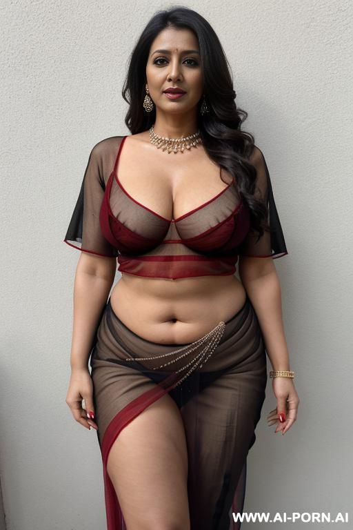 red see through saree, deep cut indian blouse, waist chain, wide hips, thick thighs, full length view - #main