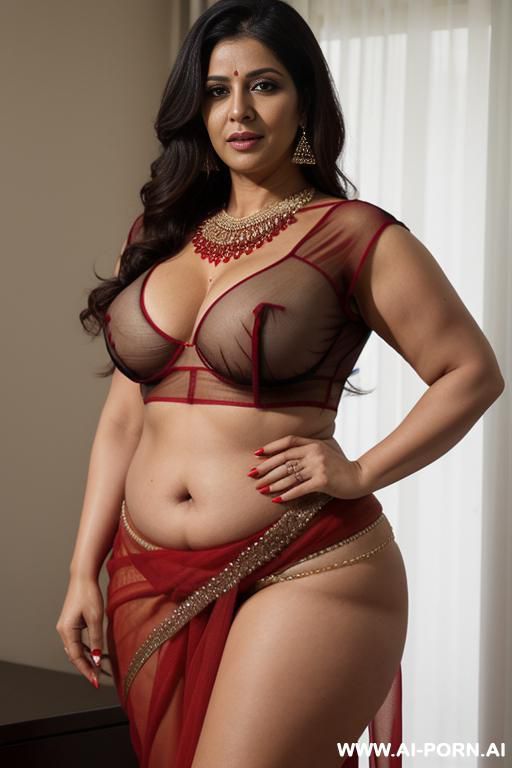 red see through saree, deep cut indian blouse, waist chain, wide hips, thick thighs, - #main