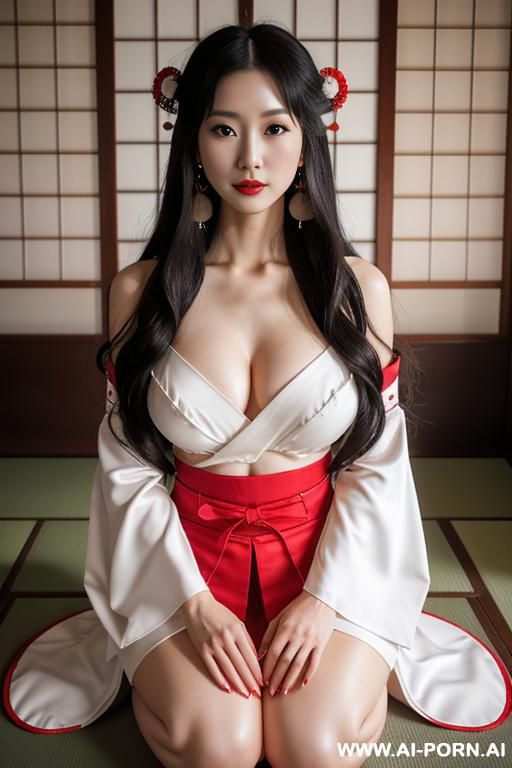 white kimono and red bottom, very long hair, long hair, hair ornament, large breasts, thighs, japanese clothes, japanese clothes, bare shoulders, detached sleeves, wide sleeves, earrings, traditional , kneeling in temple - #main