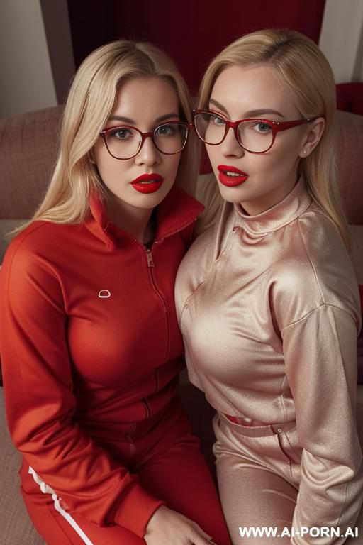 a top-down view. a two blondes in a red tracksuit, glasses, and red lipstick, opens her mouth wide, her teeth hidden behind her lips, and looks up at the camera. - #main