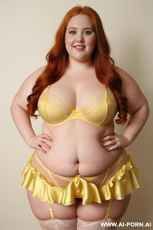 half body photo shot close up. a ((british obese fat bbw redhead)), ((thick with love handless)). ((wearing a yellow sexy and hot garter belt lingerie, and a dark-blue ruffle silk micro-skirt)). she is smiling - #main