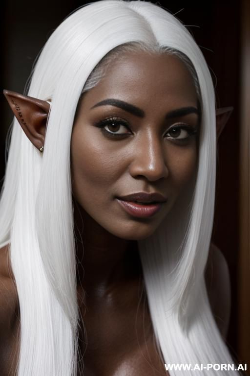 close up, black skinned elf, persian facial features, long white hair - #main