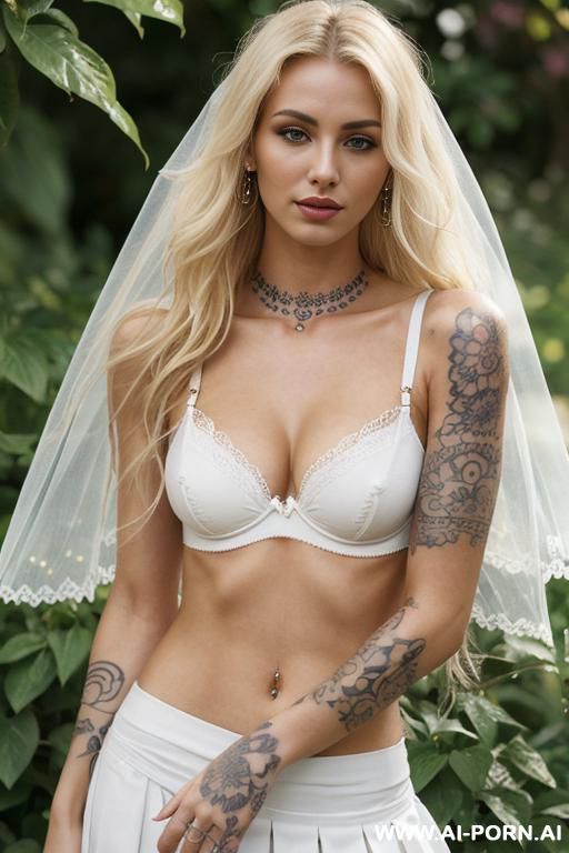blonde hair, white bra, medium wavy hair, microskirt, veil, covered in tattoos, solid neck tattoos, garden, piercings, supermodel, nose ring - #main