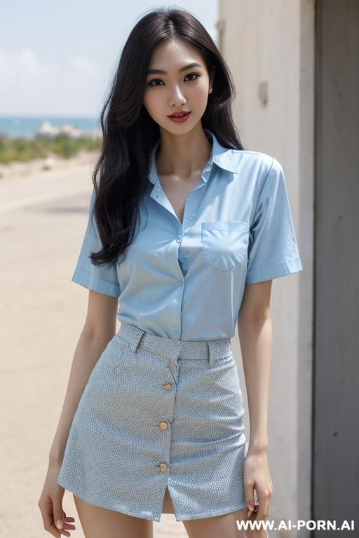 medium wavy hair, light blue button up t-shirt, black microskirt - #main
