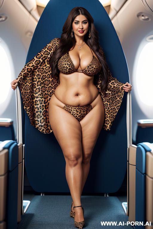 chubby woman, full body, standing, long brown hair, big smile, triangular hips, thick thighs, wearing a leopard print bikini - #main