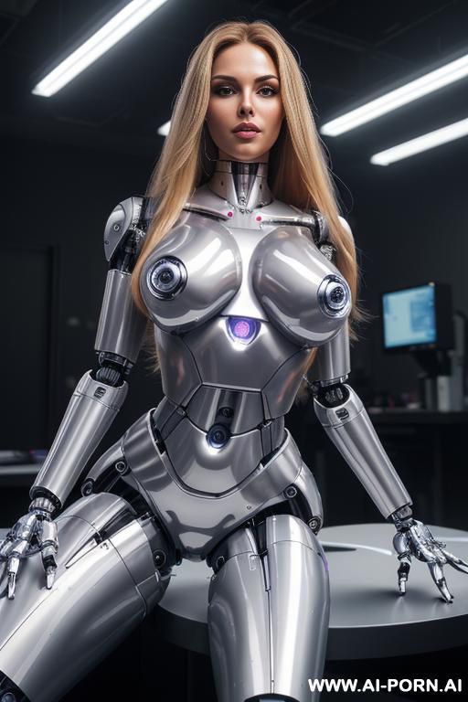 deactivated robot, front view, full body view, lying on back on lab table in robotic lab, straight body, straight arms, straight legs, blank expression, beautiful human face with tanned silicone - #main