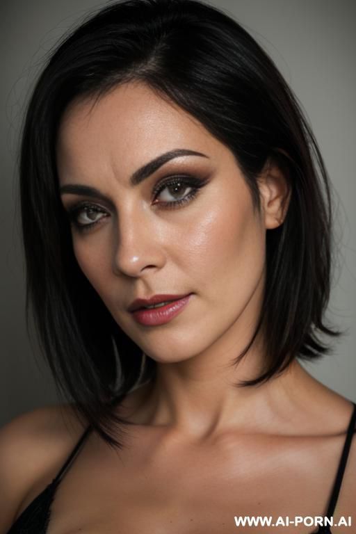 kinky dark haired femdom is having a powerful eye contact, mean look on her face - #main