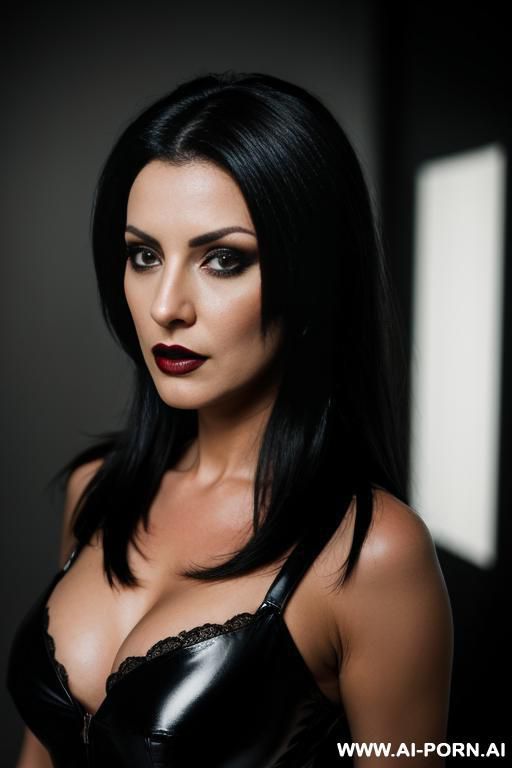 mean looking dark haired femdom mistress in her dark lair, headshot - #main