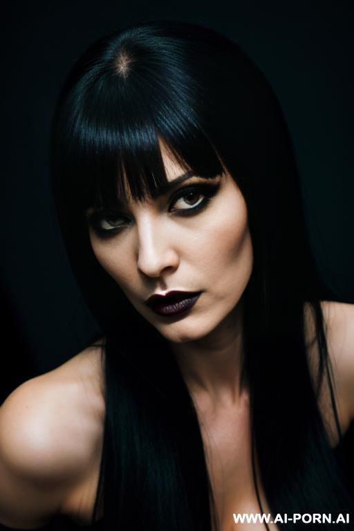 vicious looking femdom mistress in her dark lair, focus on her head - #main