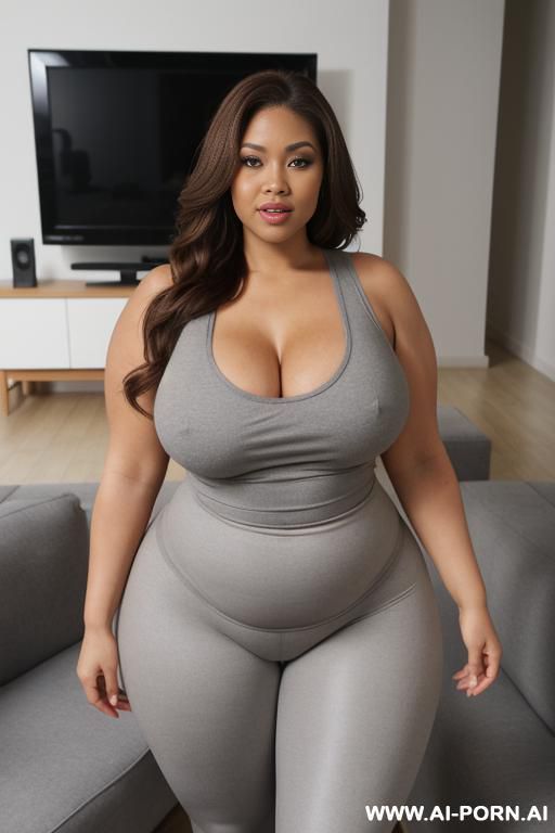chubby white woman, full body, standing, longe brown hair, triangular hips, thick thighs, wearing grey leggings and tank top, living room in front of the television - #main