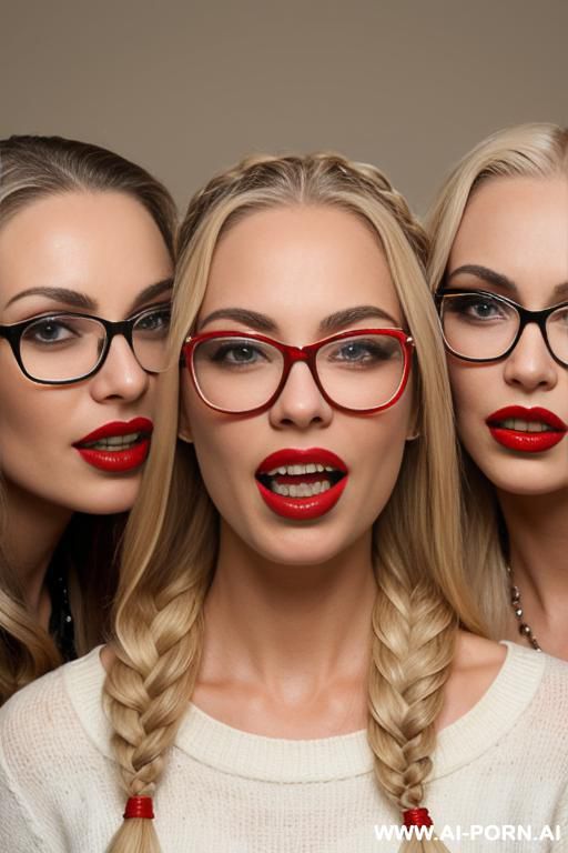 three blondes open mouth!in glasses. with braids.red lips. - #main