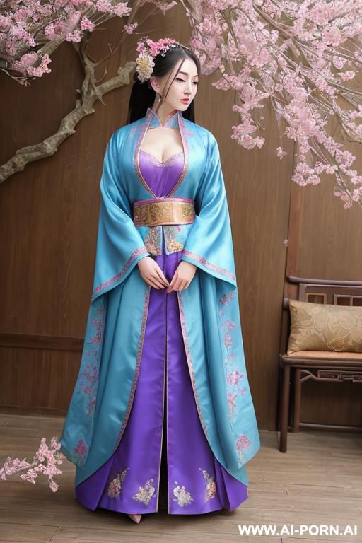 chinese princess, lace pleated skirts, chinese clothes, traditional clothes, chinese old version, old china outfit, see thought coat, light blue clothes, kneeling on floor, long hair - #main