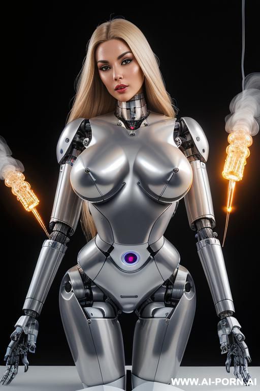 deactivated robot, front view, full body view, lying on back on lab table in robotic lab, straight body, straight arms, straight legs, blank expression, beautiful human face with tanned silicone - #main