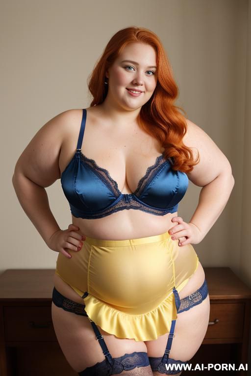 half body photo shot close up. a ((british obese fat bbw redhead)), ((thick with love handless)). ((wearing a yellow sexy and hot garter belt lingerie, and a dark-blue ruffle silk micro-skirt)). she is smiling - #main