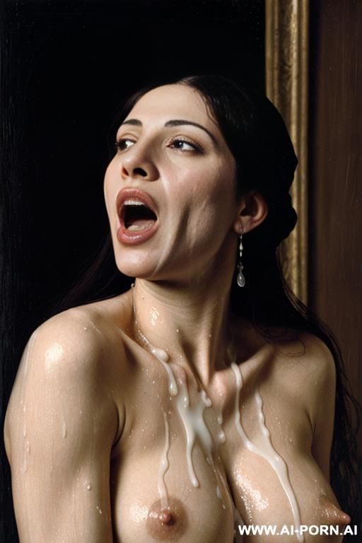 italian renaissance painting, topless, dense white cum dripping from her face, showing boobs, opening mouth wide - #main