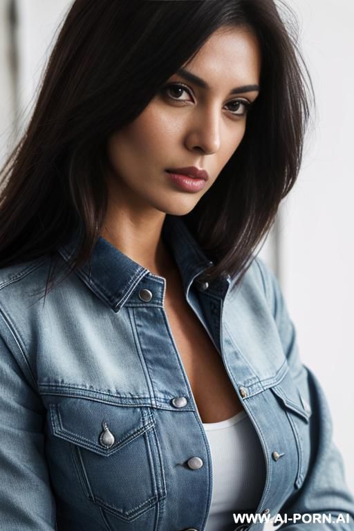 hot shopkeeper babe, blue denim shirt, white denim pants, leather jacket, straight hair, serious face, ((close shot)) - #main