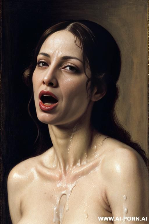 italian renaissance painting, topless, dense white cum dripping from her face, showing boobs, mouth open wide - #main