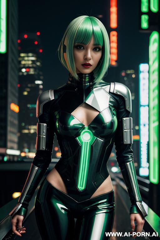 cyberpunk android, green vinyl, (silver hair), futuristic city, - #main