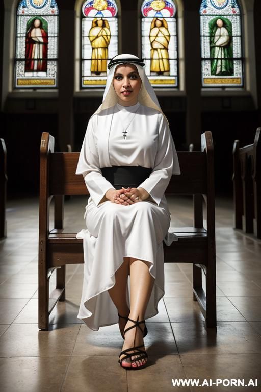 1nun, arab, pretty face, 30 years old, sandals, sitting on bench, presenting feet, feet together, focus on feet, church, stained glass windows light - #main