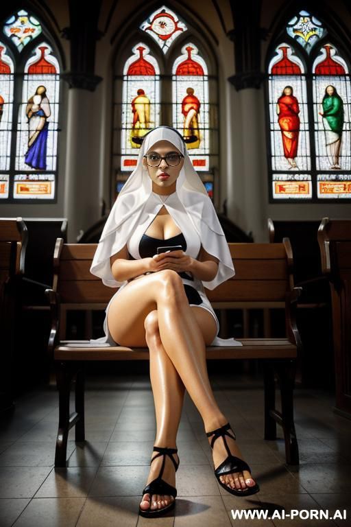 1nun, arab, sexy body, long thighs, long legs, legs crossed, pretty face, 30 years old, sandals, sitting on bench, presenting feet, feet together, dutch angle, focus on feet, church, stained glass windows light - #main