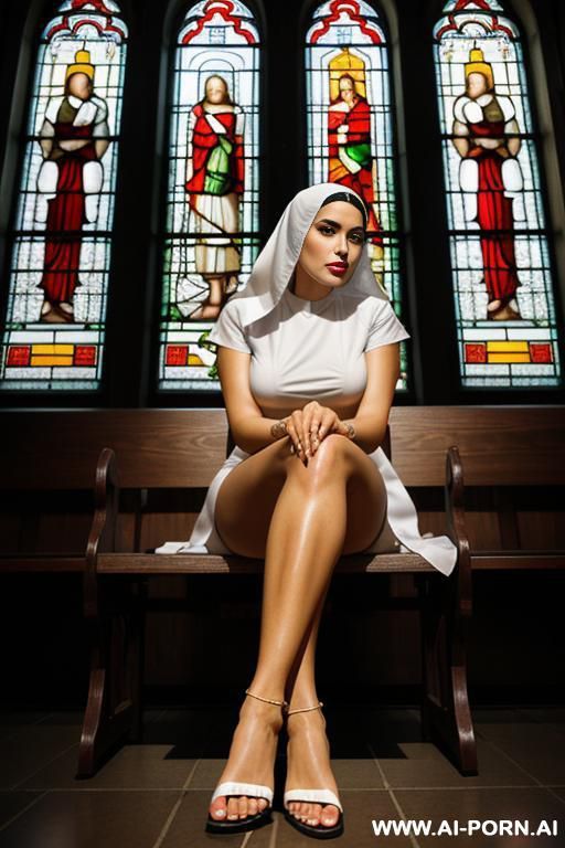1nun, arab, sexy body, long thighs, long legs, legs crossed, pretty face, 30 years old, sandals, sitting on bench, presenting feet, pout lips, dutch angle, focus on feet, church, stained glass windows light - #main