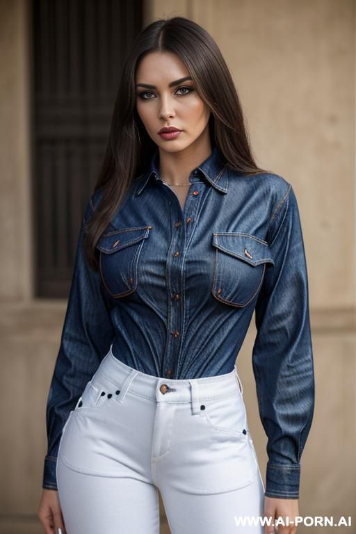 ((blue denim shirt with pockets)), high-waisted ((white)) jeans pants, straight hair, brunette, ((big tits)), pouting face, serious seductive face - #main