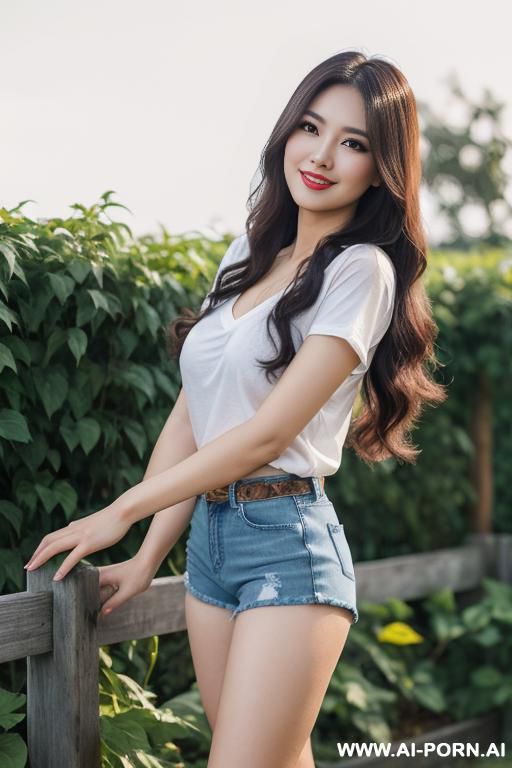 pretty, vietnamese, 30, long wavy hair, dark brown hair, natural boobs, slight smile, standing, spreading legs, denim shorts, v-neck t-shirt, knee high socks, blurred background, garden fence background. - #main