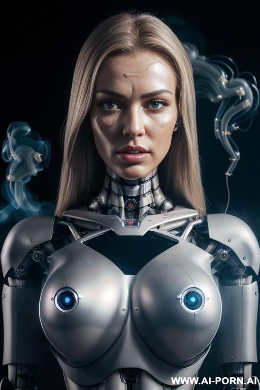 damaged robot, front view, close-up, sitting in armchair in spaceship, looking at viewer, beautiful angry human face with tanned silicone skin, long straight blonde hair, big lips, wide jaw, heavy - #main