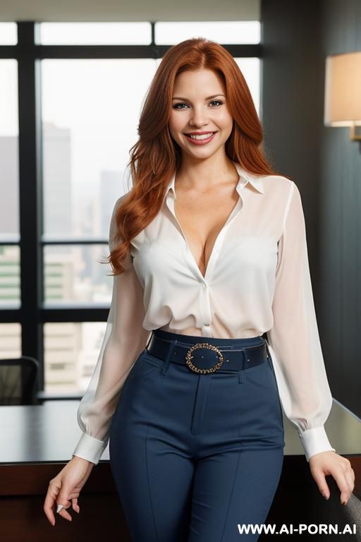 (((office lobby))), (((actress topanga))), ((dark blue pant, fancy belt, white blouse )), (big full lips), ((smiling at the camera)), photorealistic, texan, (ultra detailed photo), (hyper realistic - #main