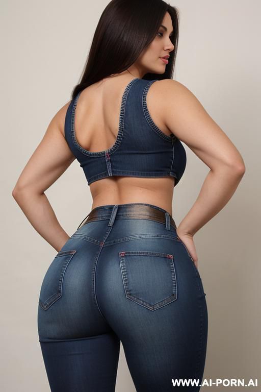 jeans, sleeveless top, ((big ass)), ((wide hips)), a-cup boobs, brunette, straight hair, ((from back shot)) - #main