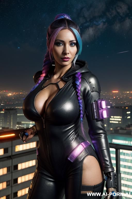 (cyberpunk thief), on a rooftop, stary night, cybercity, hoody catsuit, - #main