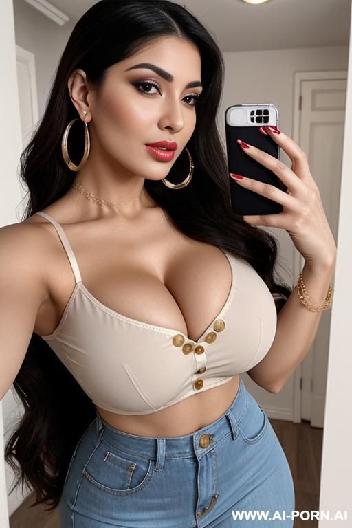 cleavage selfie, social media influencer, tight top, extremely pretty, full lips, button nose, hoop earrings, busty round boobs, hourglass figure, tight waist - #main