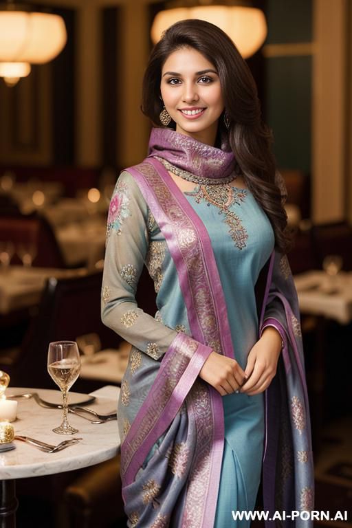 (blue floral patterned crew neck dupatta ), (((standing in a fancy restaurant ))), ((brunette tanned pakistani texan )), (lean), (pretty face), (detailed face), (perfect), (natural lighting), ((highly detailed photo)), actress topanga - #main