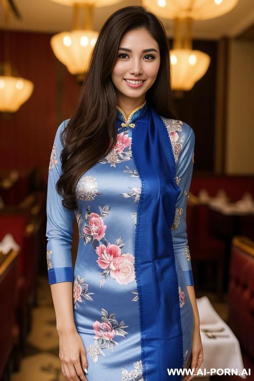 (blue floral patterned crew neck dupatta ), (((standing in a fancy restaurant ))), ((brunette tanned singapore chinese )), (lean), (pretty face), (detailed face), (perfect), (natural lighting), ((highly detailed photo)), actress topanga - #main