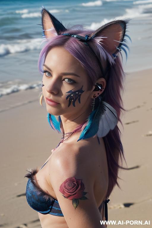 face, ((sexy)), beautiful, ((face painting)), ((bikini as seashell)), ((tattoo roses)), ((eyes shw)), ((angel wings)), ((rainbow hair)), ((one rose in hair) ((long bu hair)), ((wind)), (( cat face)), - #main