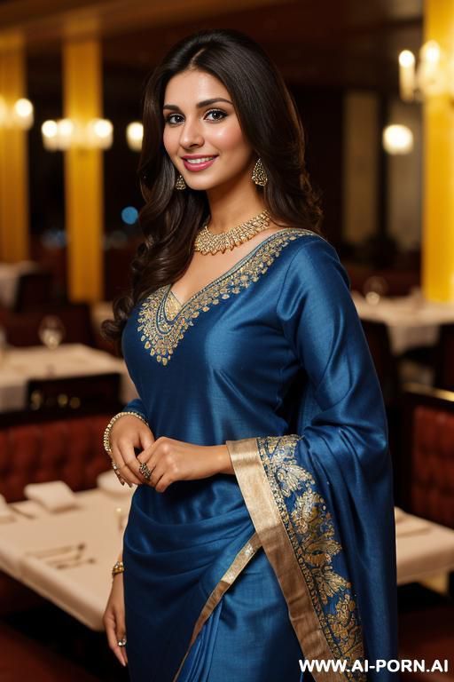 (blue crew neck fancy highly detailed dupatta ), (((standing in a fancy restaurant ))), ((brunette tanned pakistani texan )), (lean), (pretty face), (detailed face), (perfect), (natural lighting), ((highly detailed photo)), actress topanga - #main