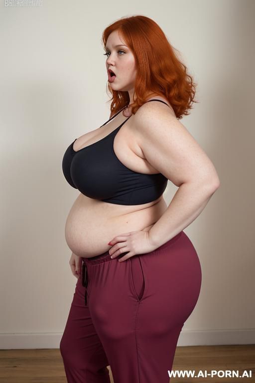 pink jogger pants, huge droppy saggy boobs with large pointing down nipples, ultra obese woman with fat arms, wide hips, hands behind head, 0 years old woman, side view - #main