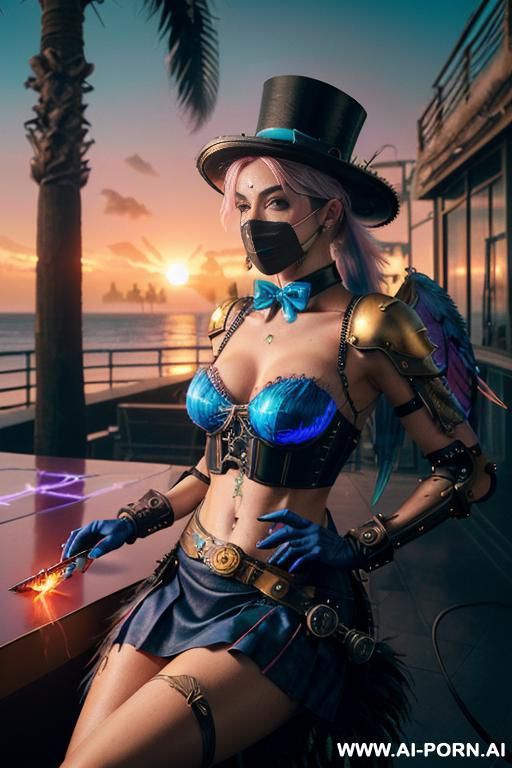 ((((masterpiece)))), (((woman sitting))), (glowing red eyes), (long blue purple and white hair with a flower), ((crop top white collar shirt with red tie)), ((((flaming angel wing)))), ((navy formal - #main
