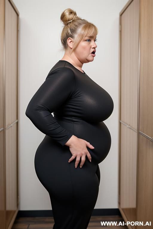 black jogger pants, huge droppy saggy boobs with large pointing down nipples, ultra obese woman with fat arms, wide hips, hands behind head, side view,, naked boobs, - #main