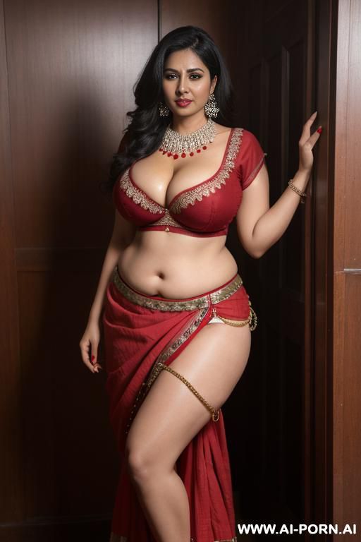 deep cleavage, indian cotton blouse, slitted low waist peticoat, full view, showing deep navel, red, - #main