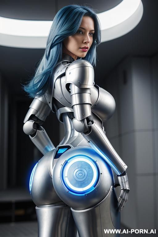 (silver robotic armor with blue light bands highlighting her breast and ass), (big round ass), (shoulder length hair), (facing the viewer), - #main