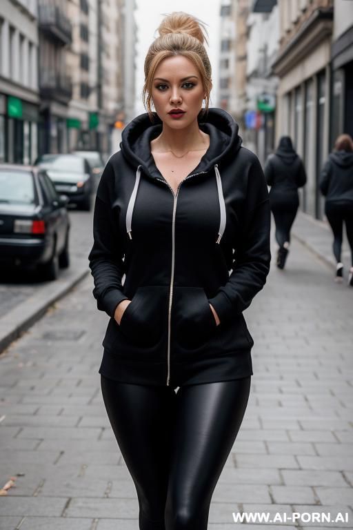 short lady wearing leggings, hoodie. big boobs. walking on street. ultra realistic. open hoodie showing cleavage perky boobs. - #main