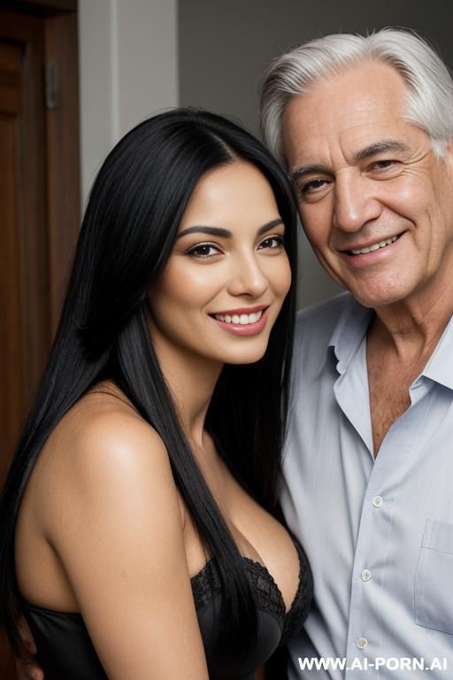 beautiful latina woman with long straight black hair and large breasts and soft face, handsome white old man with grey hair smiling - #main