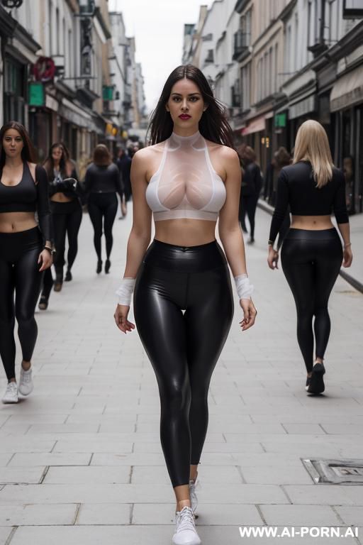 leggings, crop top , ((transparente outfit)). big boobs. walking on street. ultra realistic - #main