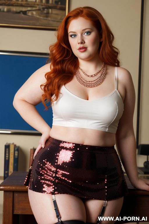 half-length photo, ((half body photo shot close up)). as a set in the classroom, a (((obese))) fat chubby fat thick and bbw redhead british, ((she is teaching a book)). she has lovehandless. - #main
