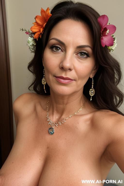 mature, milf, perfect hourglass figure, eye contact, looking into camera, necklace, earrings, bracelets, wearing flowers, totally naked, full h - #main